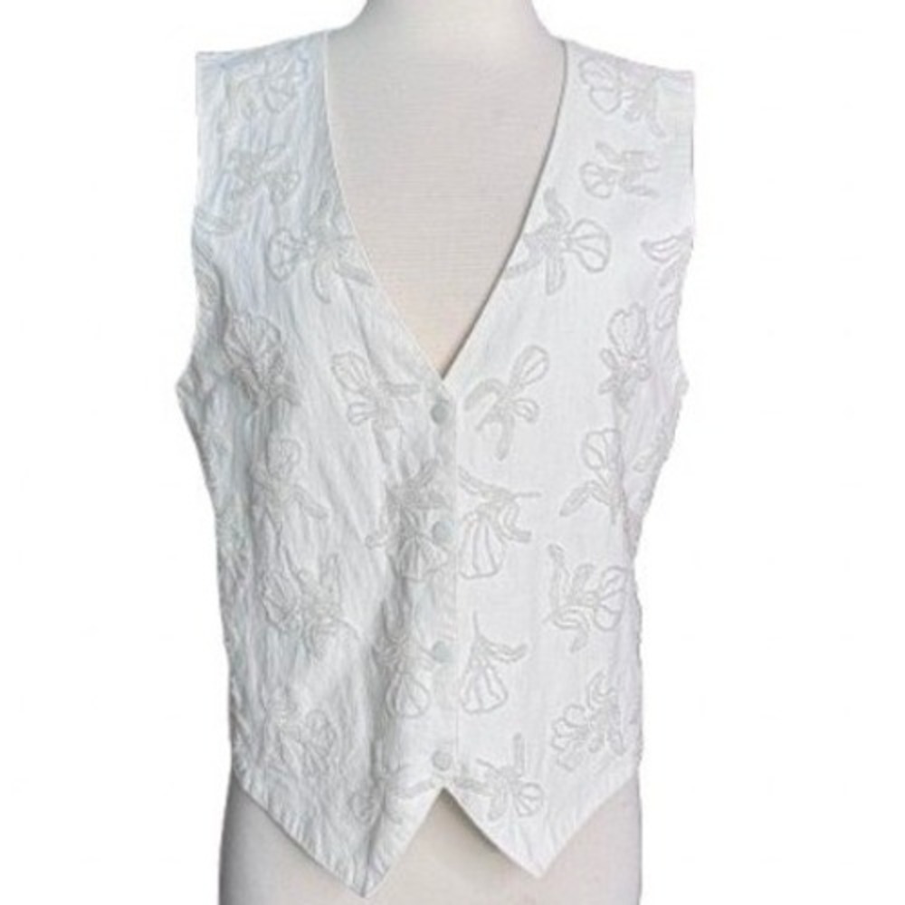 Vintage 90's Women's Large Ivory Neutral Beaded cotton vest Cottage core Artsy